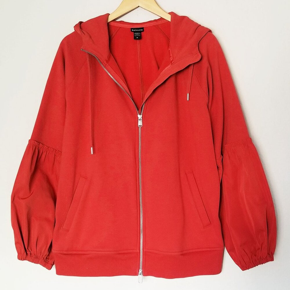 ATHLETA On My Way Triumph Hoodie Jacket Women’s M Red Rust Lantern Sleeve $139 - Picture 4 of 16